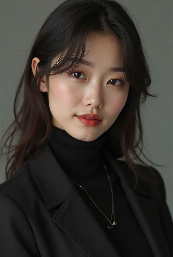 A
 Young Korean woman in black suit and mafia appearance with black turtleneck full picture with beautiful face and jawline and veins on her hands and beautiful 
With a grin on his face while staring ahead 