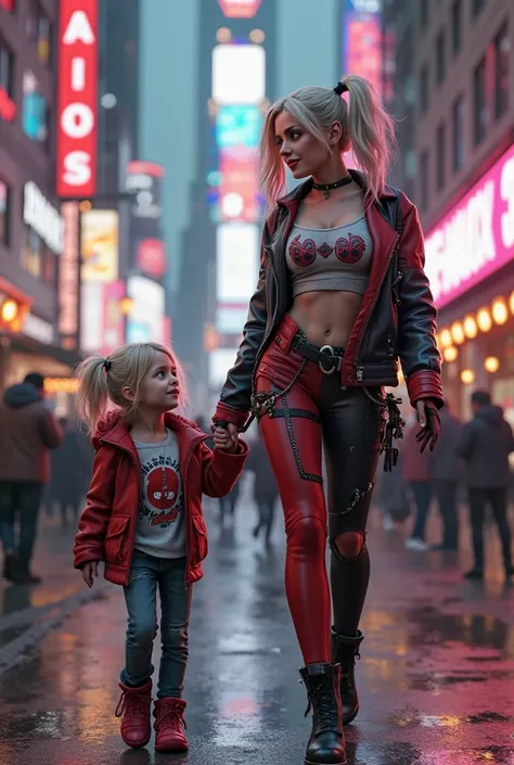 "Create a 3D model of Harley Quinn walking through the city with her daughter. The city streets are busy, with tall buildings, flashing lights, and bustling crowds around them. Harley Quinn, in her iconic outfit, holds her daughter’s hand as they make thei...