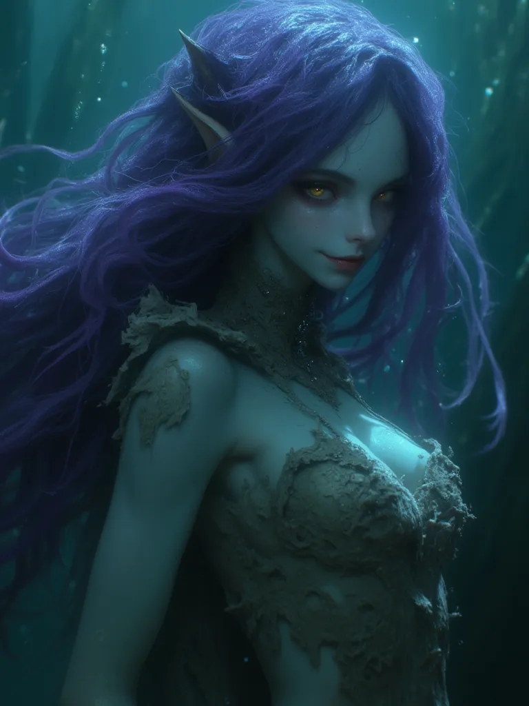 solo, female, extremely long purple hair, refracting eyes, long eyelashes:1.2, thin waist, curvaceous, extremely pale, mermaid, ear fins, gills on sides, sinister, horror atmosphere, very dark, deep sea, ((undead)), abyssal, close up, swimming, seductive s...