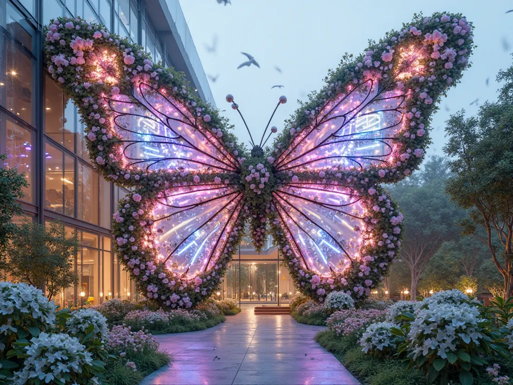 Futuristic butterfly wing flower tower，6-meter-high suspended structure，Pearl white clematis and light pink dahlias weave the veins of the butterfly wings，Champagne-colored kale fills the gaps in the wing membrane，Ivy entwined at the mechanical joints to c...