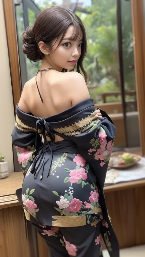 beautiful back、Broad back、off-shoulder、((A splendid furry kimono:1.2、 Gorgeous Embroidered Kimono :1.3,Gorgeous Japanese clothing:1.2))、Medium breast、(nihongami,braided bun)、(( turn around、 look back、 looking out 、camera))、Inside the Japanese-style room、Gr...