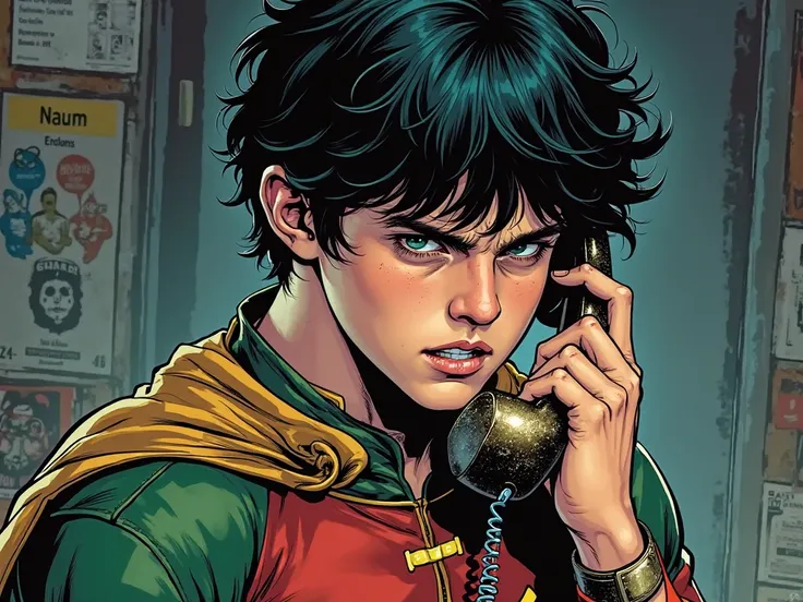 young Jason todd on the phone, struggling to speak. comic style