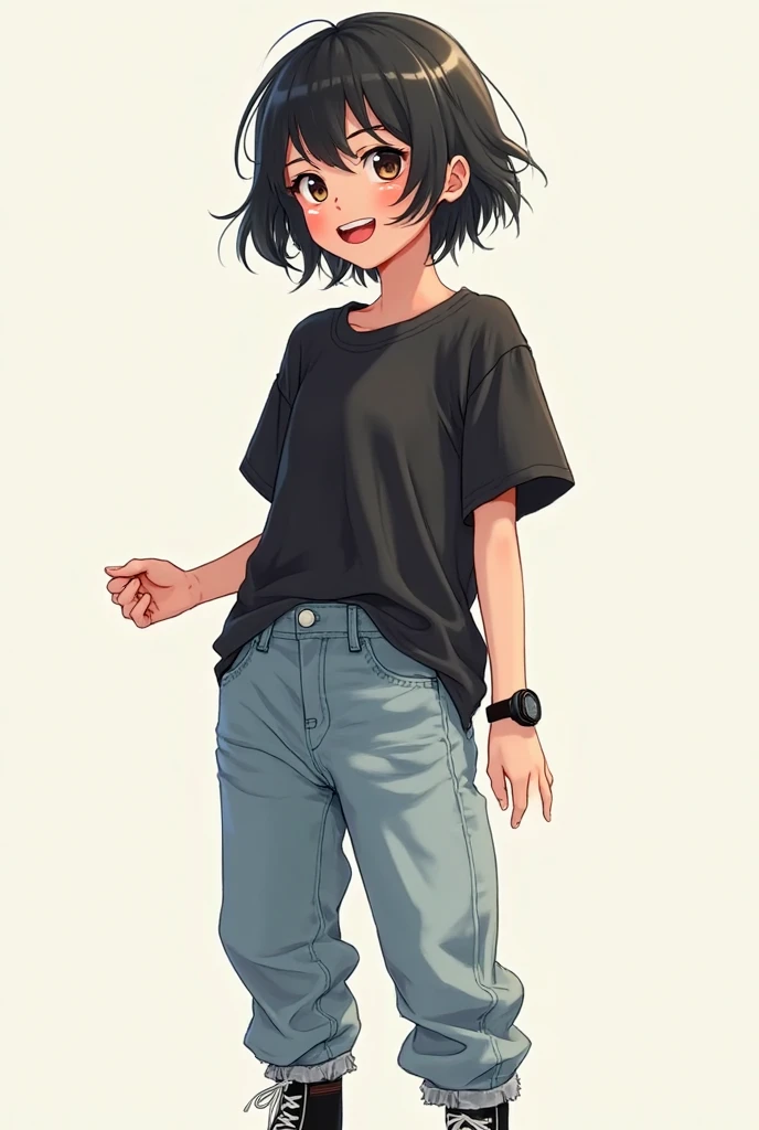 "A highly detailed 2D digital illustration of a young girl with short, slightly messy black hair that frames her face, with soft highlights adding depth and shine. Her expressive eyes are bright and focused, with subtle light reflections making them appear...