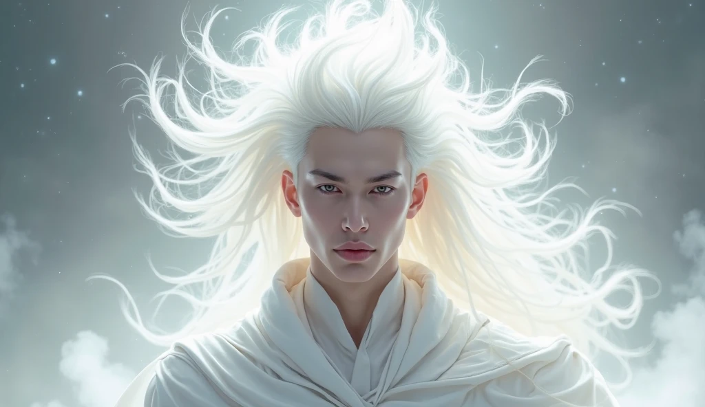 This is a luminous white-haired male god,Hair raised upwards by its power , luminous eyes, young, imposing, haughty and refined appearance, White clothing of a deity with a neutral pose facing the camera. hyper realistic drawing style studio photography, w...