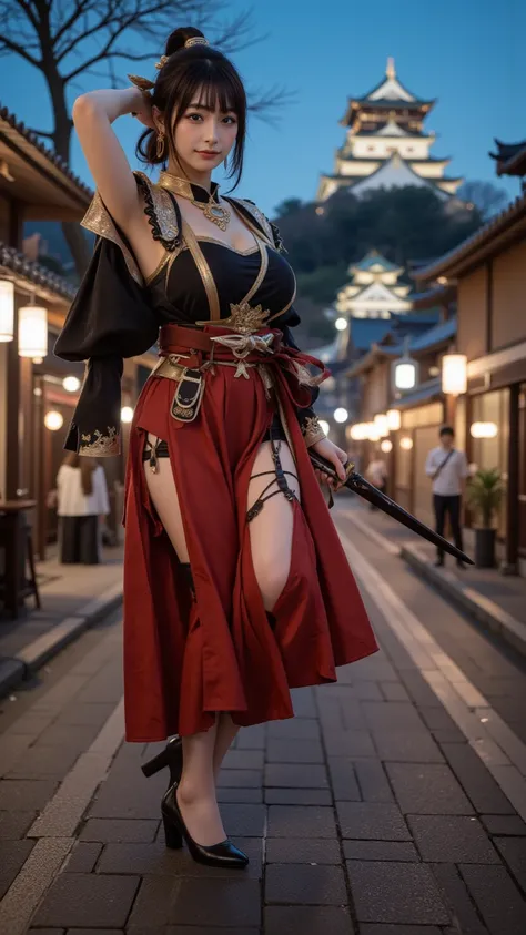  top quality,Photogenic Clarity,8K ultra-high resolution,Best Picture Quality、 masterpiece,   very detailed skin  ,  Detailed Clothing Characteristics ,   high definition model , There is a large Japanese castle in the background,Edo Castle Town illuminate...