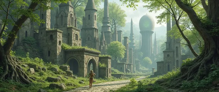 large stone Elvish city in the middle of the deep woods, there are walls and a couple of spires, there are a few small stone intricately detailed temples, dynamic stone, dynamic forestry, edges of foliage and some bits of moss, a couple of willow trees in ...