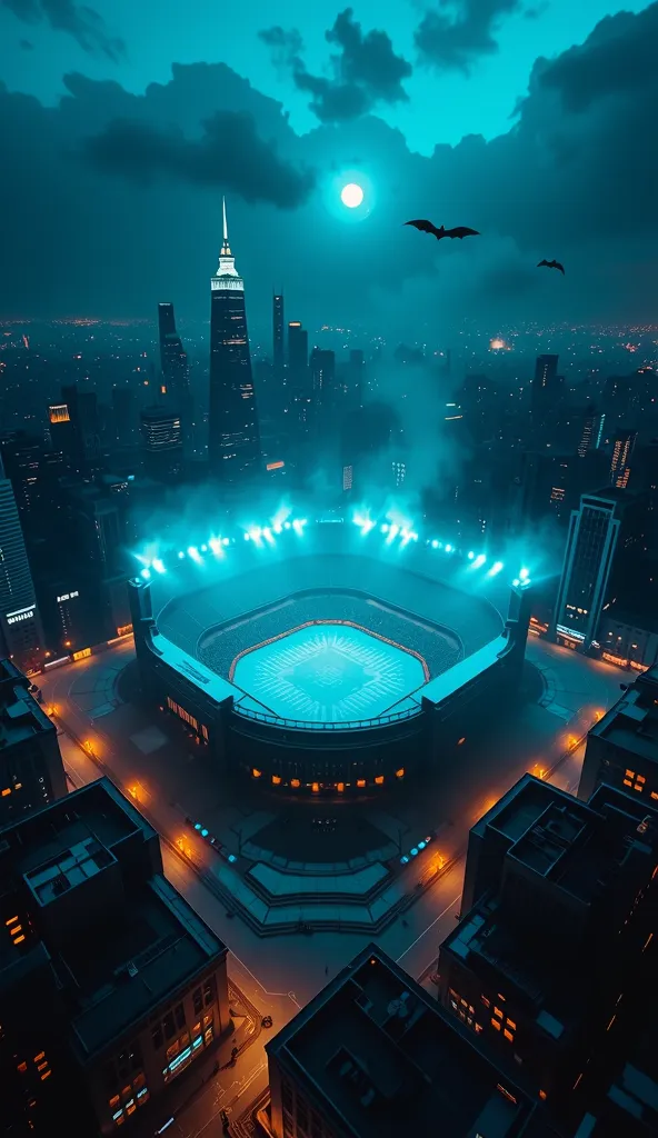 An expansive view of Gotham City’s grand arena at night, surrounded by towering skyscrapers and bathed in the glow of neon lights. The dark, gothic architecture of the city looms in the background, with spotlights illuminating the massive stadium. The stre...