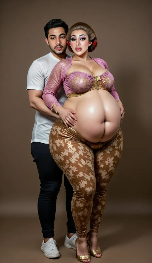 I am a 56 year old javanese pregnant woman, wide hips, wearing a glow gold kebaya and glow gold high heels. Being hugged from behind by my 20 year old skinny husband, he is holding my hips.Anatomically Correct, Textured Skin, realistic skin, Super Detailed...