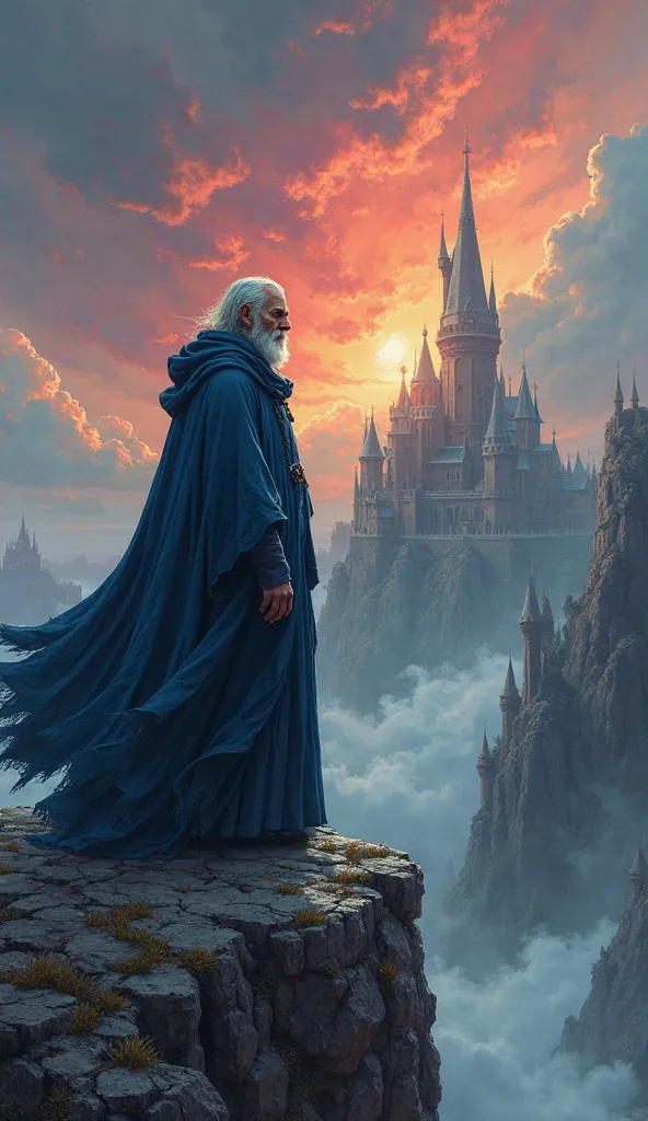 
Wizard on the Cusp of a Rock, Looking at the horizon of medieval fantasy with castles and the apocalyptic sky