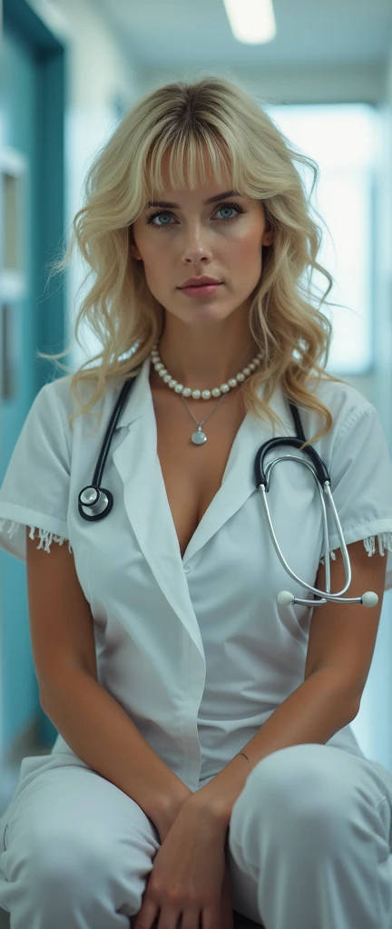 Nurse in hospital with bangs,  beautiful, Good-looking MILF,  Blonde woman white skin, Busty girl with huge breasts,  curly hair,  uniform with fringes, wearing tight, Low cut, sticky, with nurse uniform in surgical gown and stethoscope, stethoscope, vital...