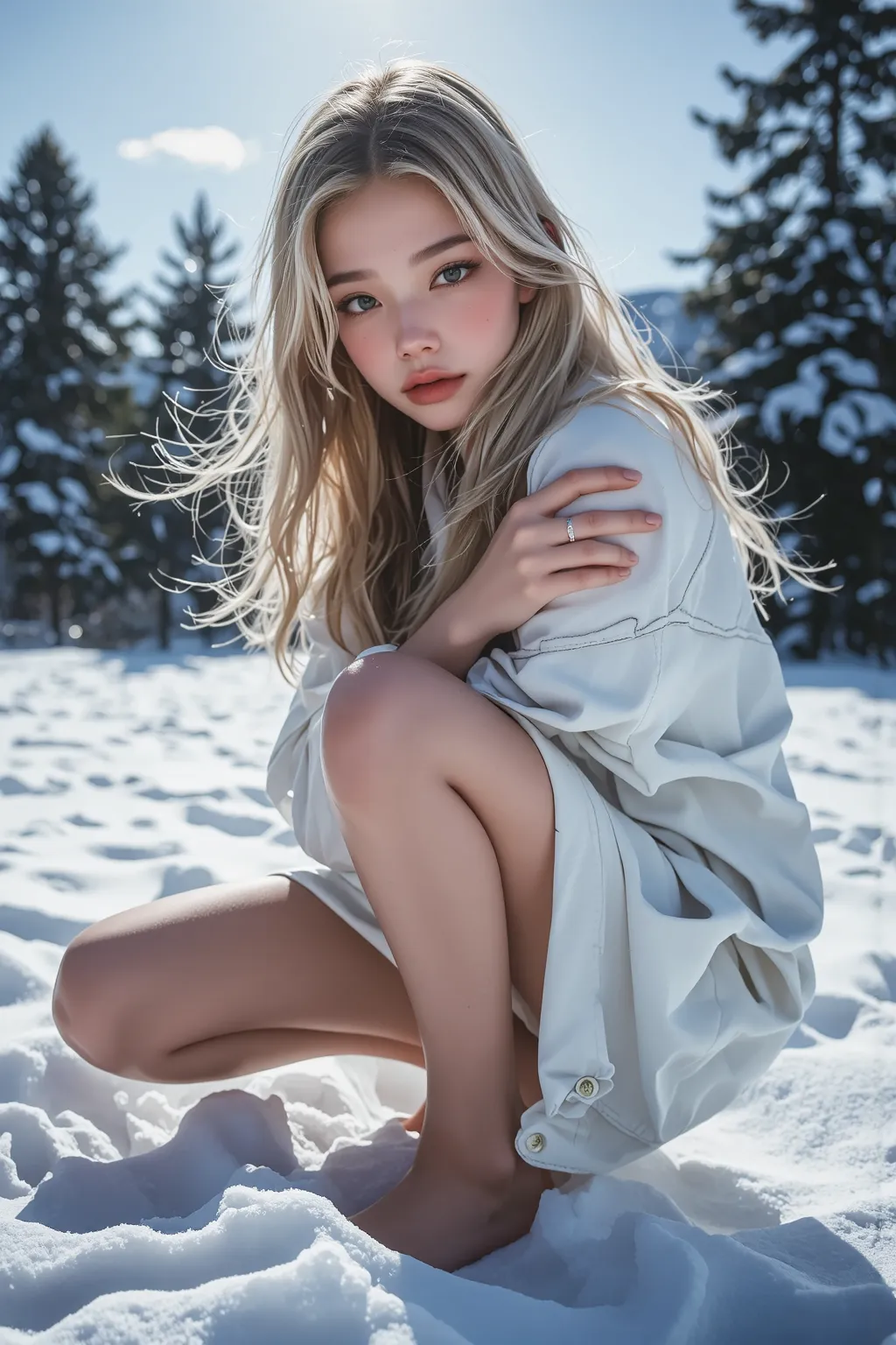 ((Age 15))、( Slender Big Breasts:1.48)、(Beautiful Russian girl poses on all fours in a freezing cold snowy field)