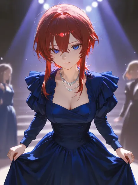 Create 1 female character, long red hair, blue sharp eyes, noble blue dress, Victorian style, dance party, silver necklace, pretty tall, pretty tall, standing face, standing, looking at the viewer in full high definition 