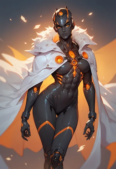 Robotic creature, black skin, orange eyes, extra legs, white cape