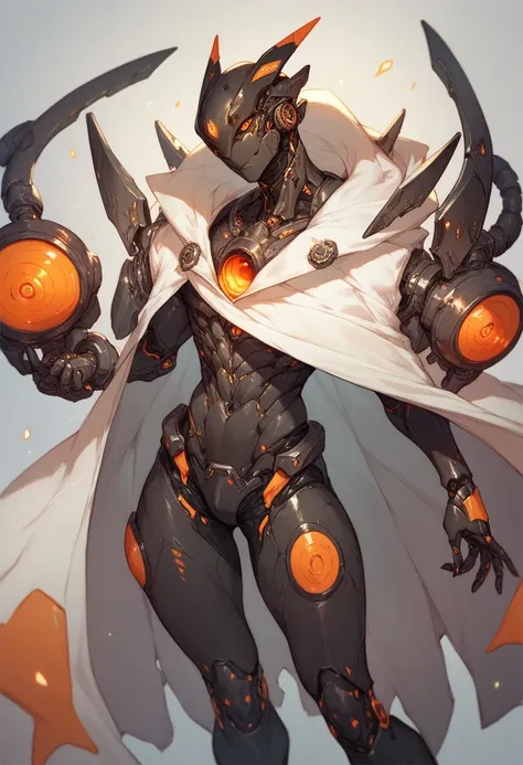 Robotic creature, black skin, orange eyes, extra legs, white cape