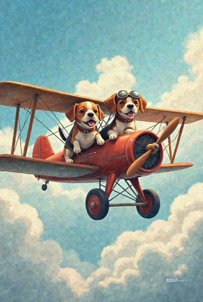 Beagles flying an airplane 