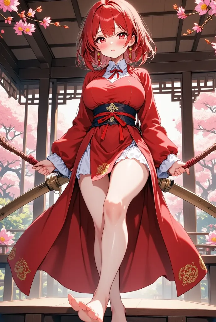 ( masterpiece:1.2), is best,CG,3d, Samurai Girl,
1 Sister,  red eyes, Earrings and Nipple Rings, alone, Hair Color, Jewel-like,  watching viewert,  blurry,  full body girl ,  through bangs , Redhead clothes, jacket,,  blurry背景, , Short hair details,  long ...