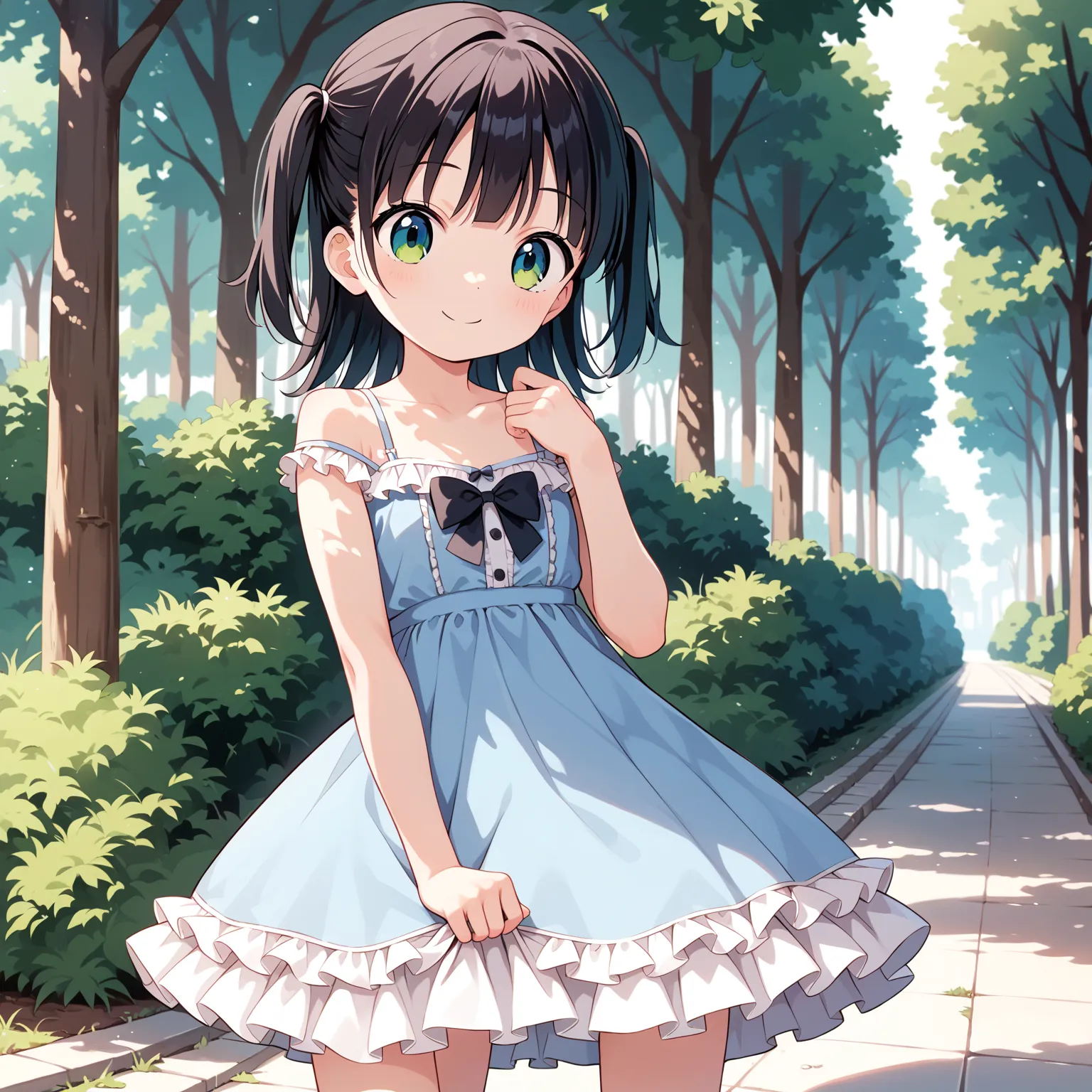 (masterpiece, best quality:1.4), (8k, ultra-detailed, anime style:1.2), cute young girl,  bright  background,(anime:1.3),frilled camisole, frilled skirt, outside, , smile ,loli, little, ultra cute kawaii:1.6),cowboy shot ,closed mouth 