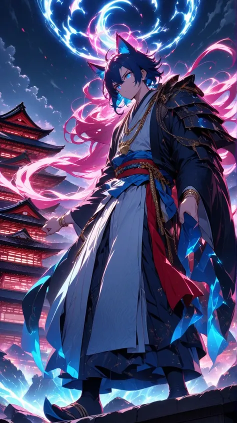 Anime-style young man, 18-20s, Asian features, with long flowing, midnight blue hair that has streaks of light blue.  He has piercing blue eyes and a serious, somewhat stoic expression.  He's wearing a dark navy blue, traditional Japanese-style kimono, wit...