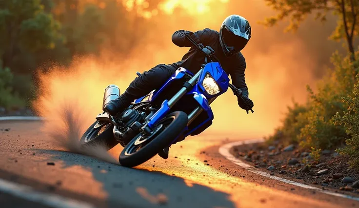 Astunningly realistic image of a 2025 (Honda CRF dirt bike 300L), captured mid-corner during a high-speed ride. The (blue and black) motorcycle is sleek, shiny, and emanates power and performance. The rider expertly navigates the curve, showcasing the impr...