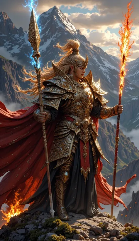 A mighty female warrior, The mighty golden-eyed, blonde hair, beautiful, graceful , the mighty stands dashing among the towering mountains, turning his back towards the setting sun emitting a golden light.  in his hand , he holds two legendary spears: A mi...