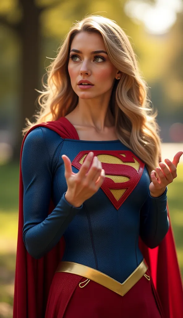 "A half-body close-up of Supergirl, captured from the chest up, as she engages in conversation with expressive hand gestures, looking at camera . She is wearing her classic red and blue costume with a flowing cape, and her determined expression is clearly ...