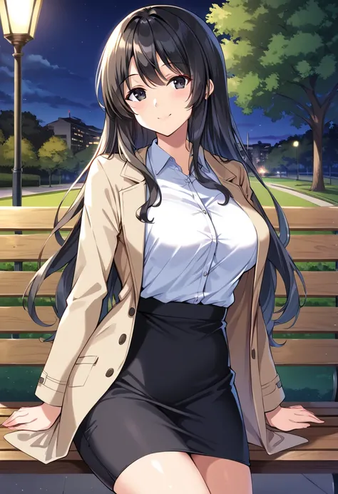 (super fine illustration, best quality, 16k, (high resolution), ) ,  park sitting on the bench, cowboy shot, teacher outfit, (black eyes), detailed beautiful eyes, One woman , smile, black hair, long hair, medium breasts, Beige coat,((cowboy shot)) , outdo...