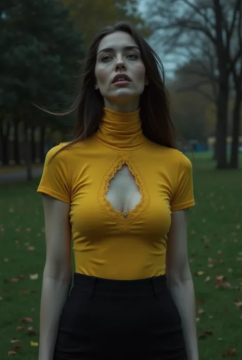 A beautiful woman with an extremely long neck is in the middle of a park on a dark and dark night. She wears a short sleeve yellow turtleneck made of lycra, of a color that highlights her figure. The collar of the garment is high and tight, remaining compl...