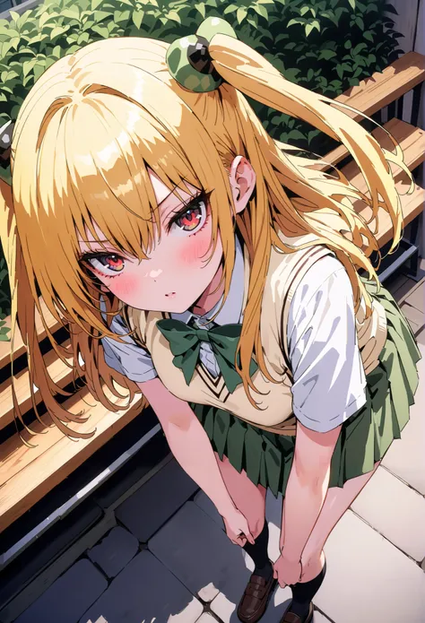  score_9,  score_8_up,  score_7_up,  source_anime,
toloverudarkness, darkness,   yellow hair  ,  long hair, red eyes, hair ornaments close to the garden, two side up,
Sainan school uniform,  shirt, white  shirt, bow, green bow,  skirt, green  skirt, pleate...