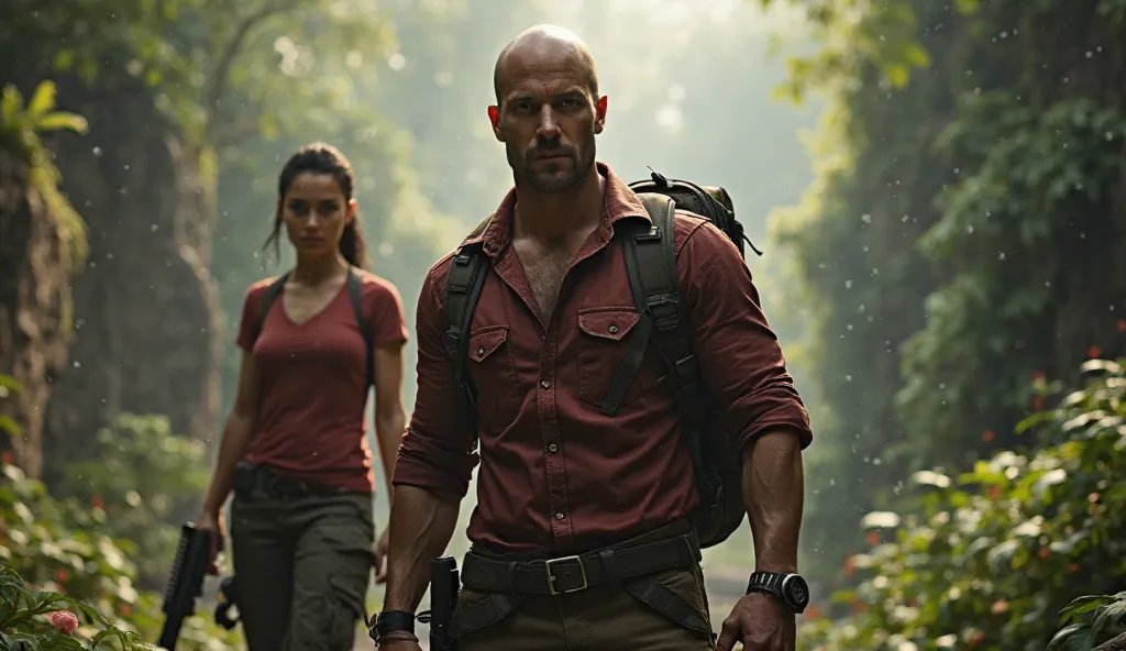 A bald man as the main character, standing confidently in the foreground, wearing a rugged adventurer's outfit with a backpack, looking determined and ready for action. Behind him, Chloe Frazer from Uncharted: Lost Legacy is positioned, with her iconic app...