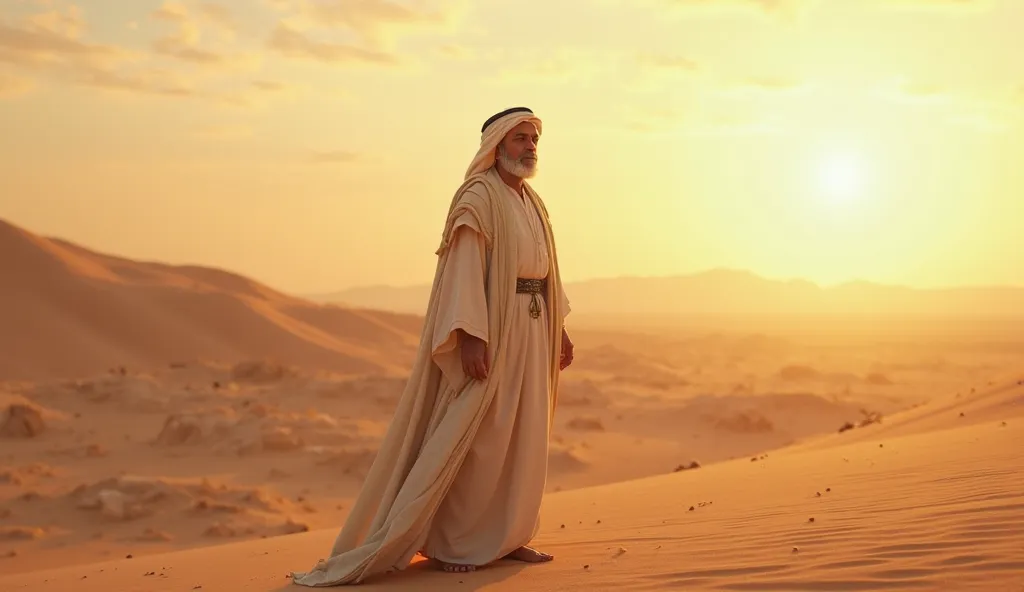 A serene desert landscape with a lone prophet in traditional Middle Eastern attire, illuminated by soft sunlight, UHD, realistic, cinematic atmosphere, detailed textures."