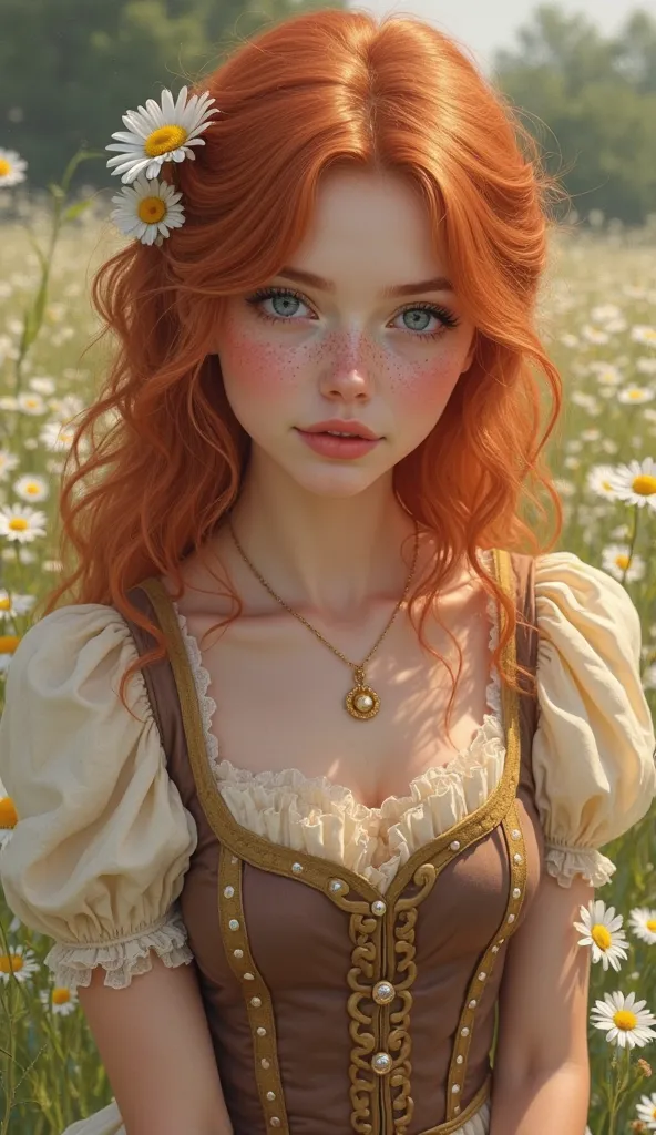 A realistic portrait of a 30-year-old woman with red hair in soft waves and a small, pretty daisy in her hair, with big blue eyes and freckles on the cheeks and nose, gentle look at the viewer, open lips ,  small nose , He wears a dress with a cream-colore...