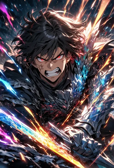 very high resolution, high resolution, Ultra-precision, HDR,  masterpiece, very detailed face and eyes,  Dragon Knight  ,  black hair , , alone, person, handsome, , , Epic fight scene, colorful splash effect,colorful lightning effect,Shining sparkle, Cryst...