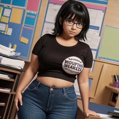 timid short cute slightly chubby raven nyuugao Mexican geeky emo , short slightly wavy hair, cute detailed brown eyes, cutely detailed lips, cute highly detailed eyes and face, voluptuous breasts, thin thighs, chubby wide hips, long sleeve plain open neck ...