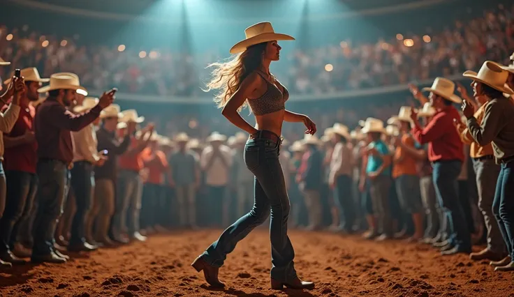 Create a hyper-realistic moment captured in a real photograph of a slim Italian woman with a sculptural body, dressed in cowgirl attire, dancing to American country music in the center of a modern rodeo arena. The background is filled with a bustling crowd...