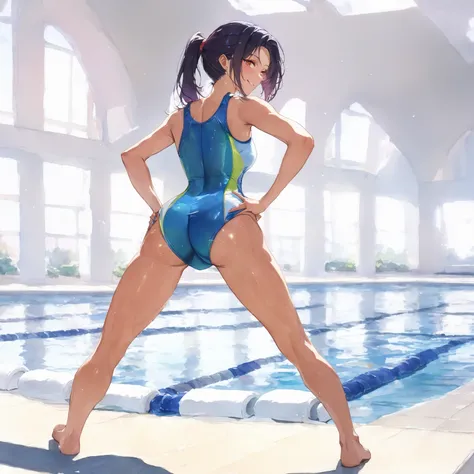 watercolor painting, masterpiece, best quality, amazing quality, very aesthetic, high resolution, ultra-detailed, absurdres, newest, scenery, depth of field, shiny skin, anime, 1girl, competitive swimwear, muscular, definition, tanned, spread legs, bend th...