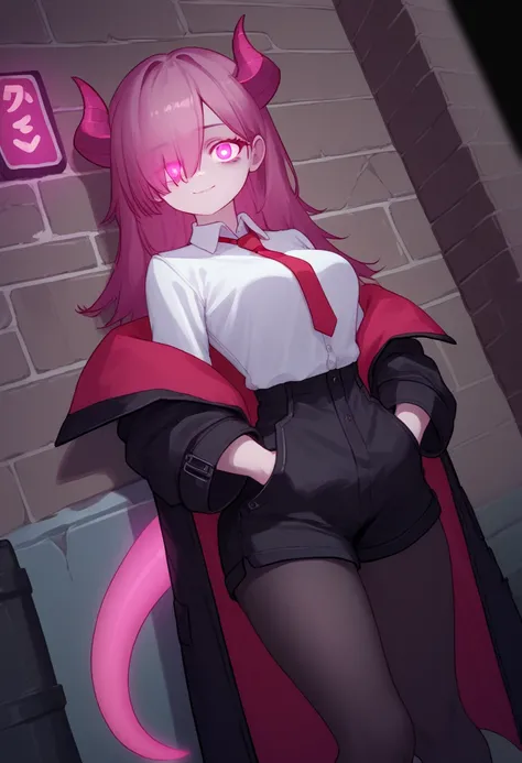 score_9, score_8_up, score_7_up, score_6_up, source_anime, BREAK, dutch angle, feet out of frame, night, alley, 1girl, magenta hair, long hair, hair over one eye, neon pink eyes, heart pupils, (bags under eyes:0.8), black coat, hooded coat, long sleeves, c...