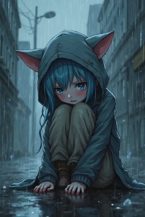 Scared, Cat ears, light blue hair, ocean blue eyes,Hood, Sitting on the streets, ripped clothes, looking down, rainingQuality, Anime Style, 