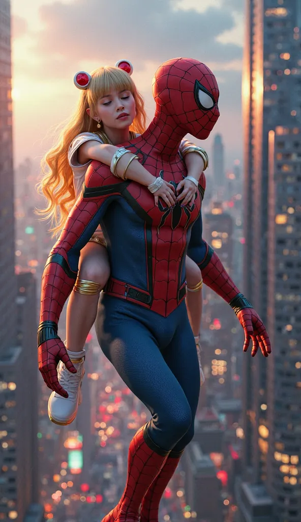 Hyperrealism, masterpiece, highest quality, spiderman carrying sailor moon at the back while walking
