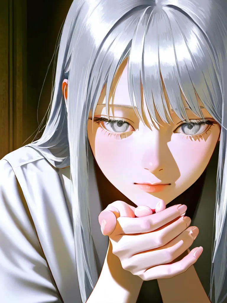 alone, 1 girl,silver hair,silver Eyes,long Hair, Long Sleeve,ピースする