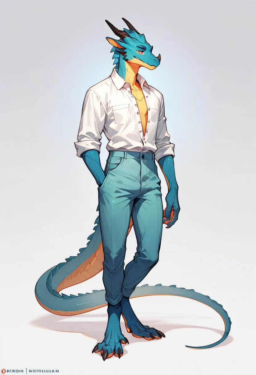 full body furry anthropomorphic male dragon, long digitigrade legs, button white shirts