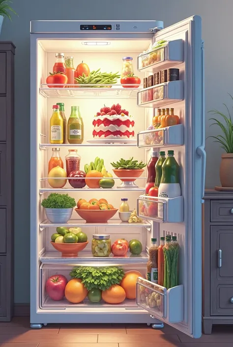 An ultra-detailed anime-style refrigerator filled with fresh, colorful food. The fridge has transparent glass shelves, neatly arranged with vibrant fruits, vegetables, dairy products, and bottled drinks. A beautifully decorated strawberry cake sits in the ...