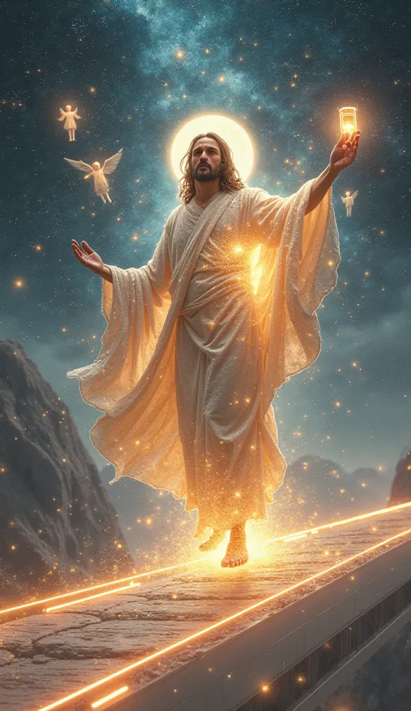 "A mesmerizing futuristic vision of Jesus Christ depicted as a divine celestial being, his robe woven from pure energy and shimmering light. He stands on an advanced, glowing bridge of crystalline light stretching across the universe. His luminous halo glo...