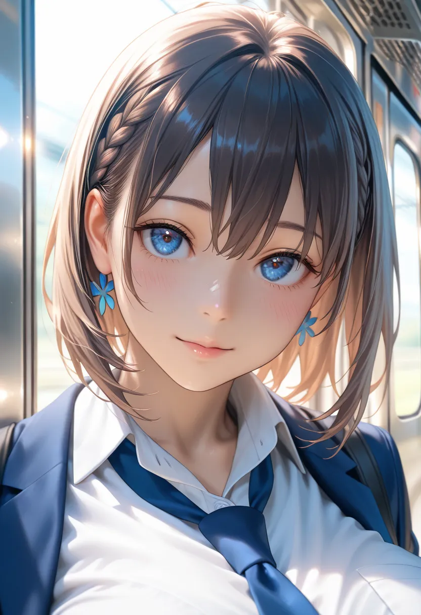 masterpiece, best quality, vibrant, very aesthetic, high contrast, photorealistic portrait, newest, 1girl,source_tawawa on monday,ai-chan,huge breast,blue school uniform,necktie,train
