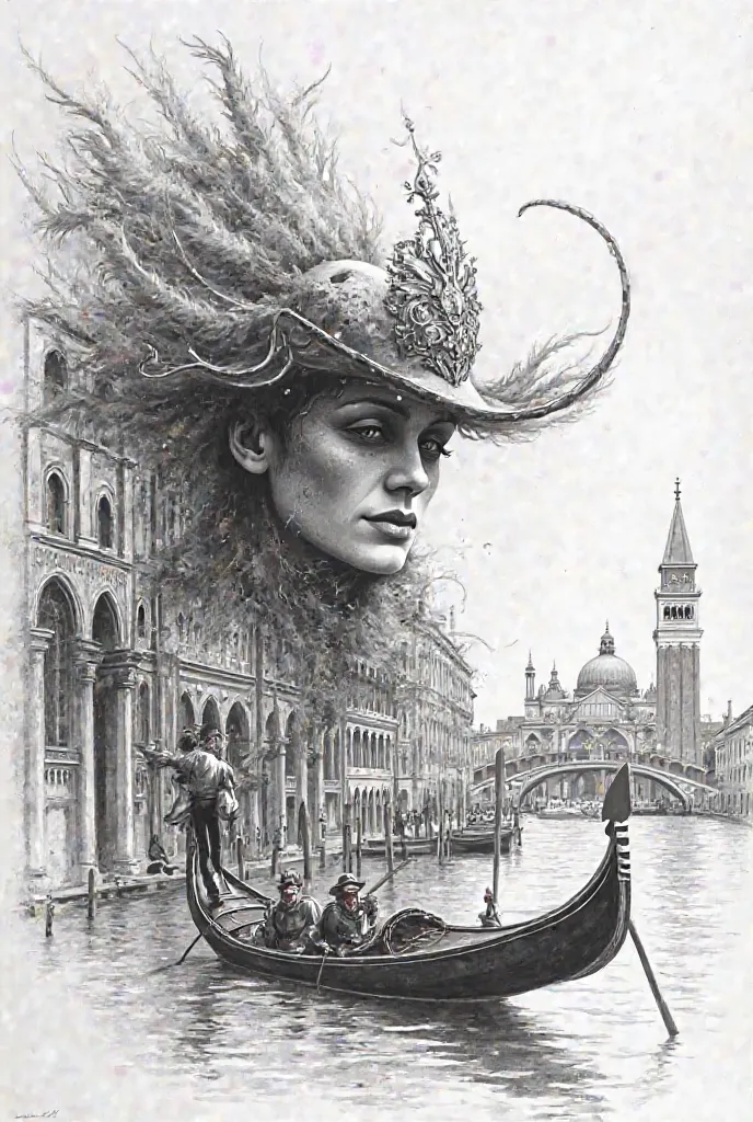 Create the image of a drawing done in pencil with the theme of the Venetian Carnival, insert Casanova, masks ,  architecture , gondola boat, Saint Mark's Square,  Rialto Bridge , gondola boat. Everything must have an ultra futuristic comic-style atmosphere...