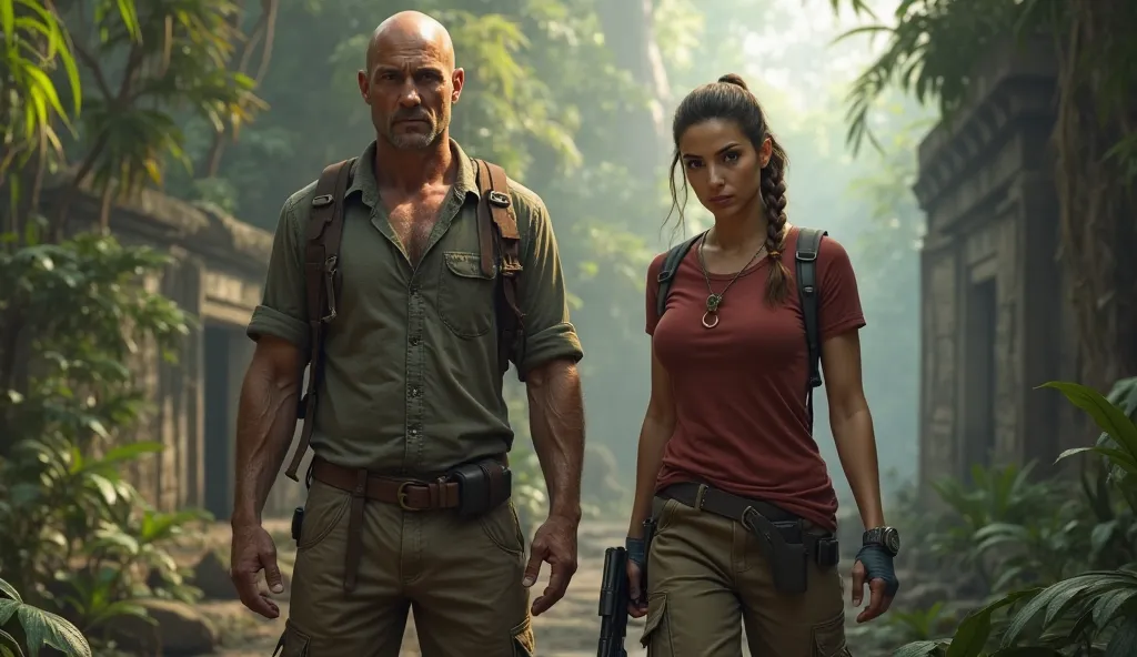 A bald man as the main character, standing confidently in the foreground, wearing a rugged adventurer's outfit with a backpack, looking determined and ready for action. Behind him, Chloe Frazer from Uncharted: Lost Legacy is positioned, with her iconic app...