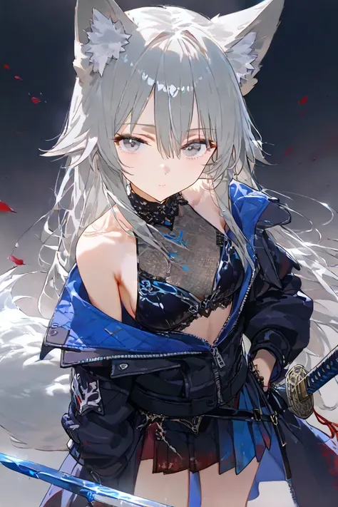 fox girl, fox ears, fox teils, grey hair, long hair, hair between eyes, Bangs Tail, long coat, half skirt, bloodstained, Japanese sword, 1girl, central, parka, off shoulder,　partially unzipped, beautiful eye,(grey eye:1.5),(blue eye:1.3) HD, high resolutio...