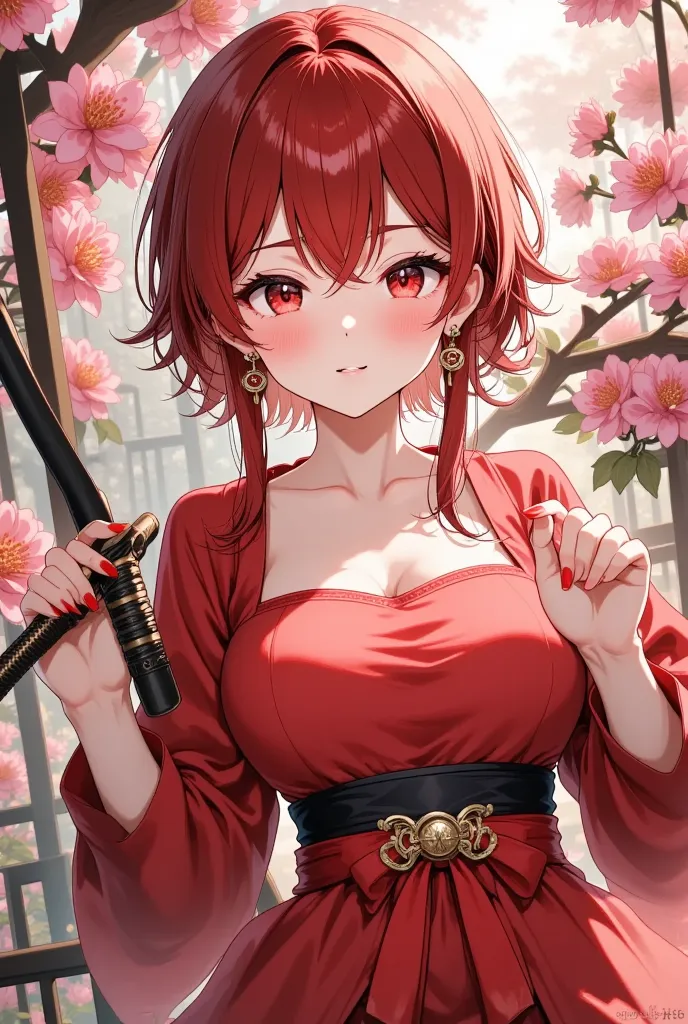 ( masterpiece:1.2), is best,CG,3d, Samurai Girl,
1 Sister,  red eyes, Earrings and Nipple Rings, alone, Hair Color, Jewel-like,  watching viewert,  blurry,  full body girl ,  through bangs , Redhead clothes, jacket,,  blurry背景, , Short hair details,  long ...