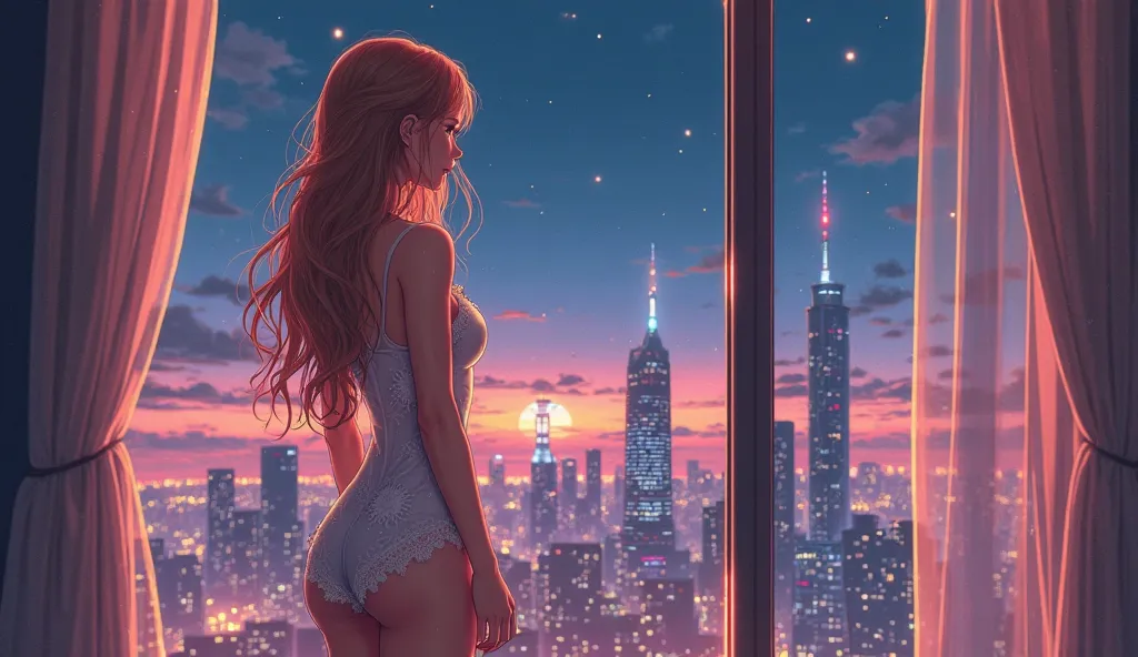 A beautiful anime-style girl with long wavy hair, with full-body shot of a muscular woman wearing a delicate white lace see through nightgown with floral patterns . The girl is standing with her back to the window, in a natural pose, striking a seductive s...