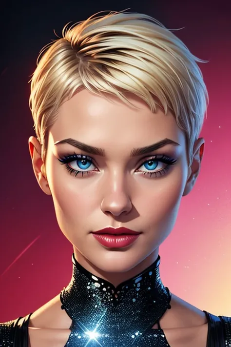 A portrait of a beautiful female singer whose face combines features of Samaire Armstrong + Lisa Rinna + Gigi Hadid. The female has a choppy platinum-blond pixie cut. The female has blue eyes. The female wears a sparkly black dress. The female has lovely m...