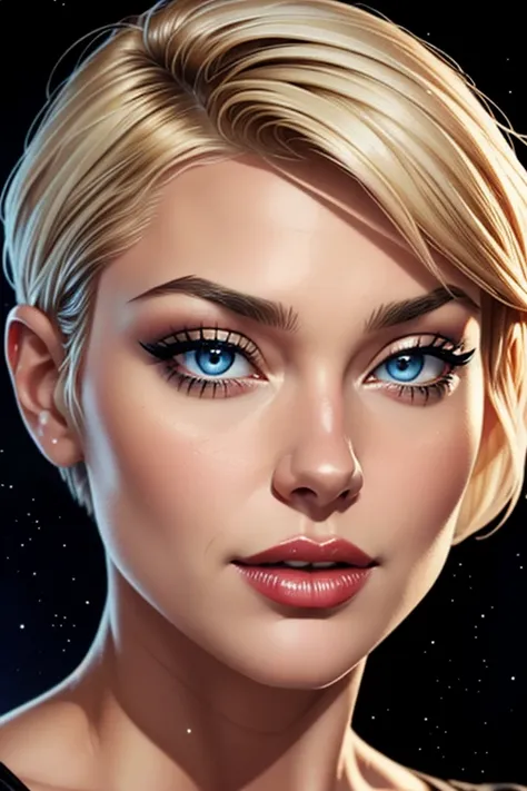 A portrait of a beautiful female singer whose face combines features of Samaire Armstrong + Lisa Rinna + Gigi Hadid. The female has a choppy platinum-blond pixie cut. The female has blue eyes. The female wears a sparkly black dress. The female has lovely m...